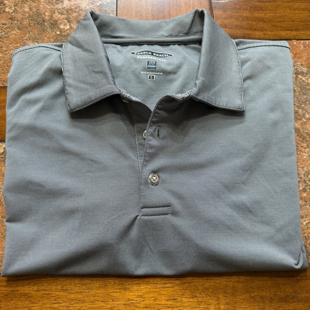 Pebble Beach Performance Golf Polo Shirt Gray/White Stripe.  Men’s Size Large